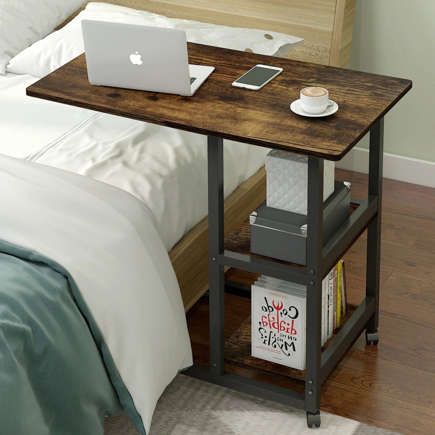 Valedicta Side Table/Laptop Desk w/Shelves & Wheels. 80x40x75cm