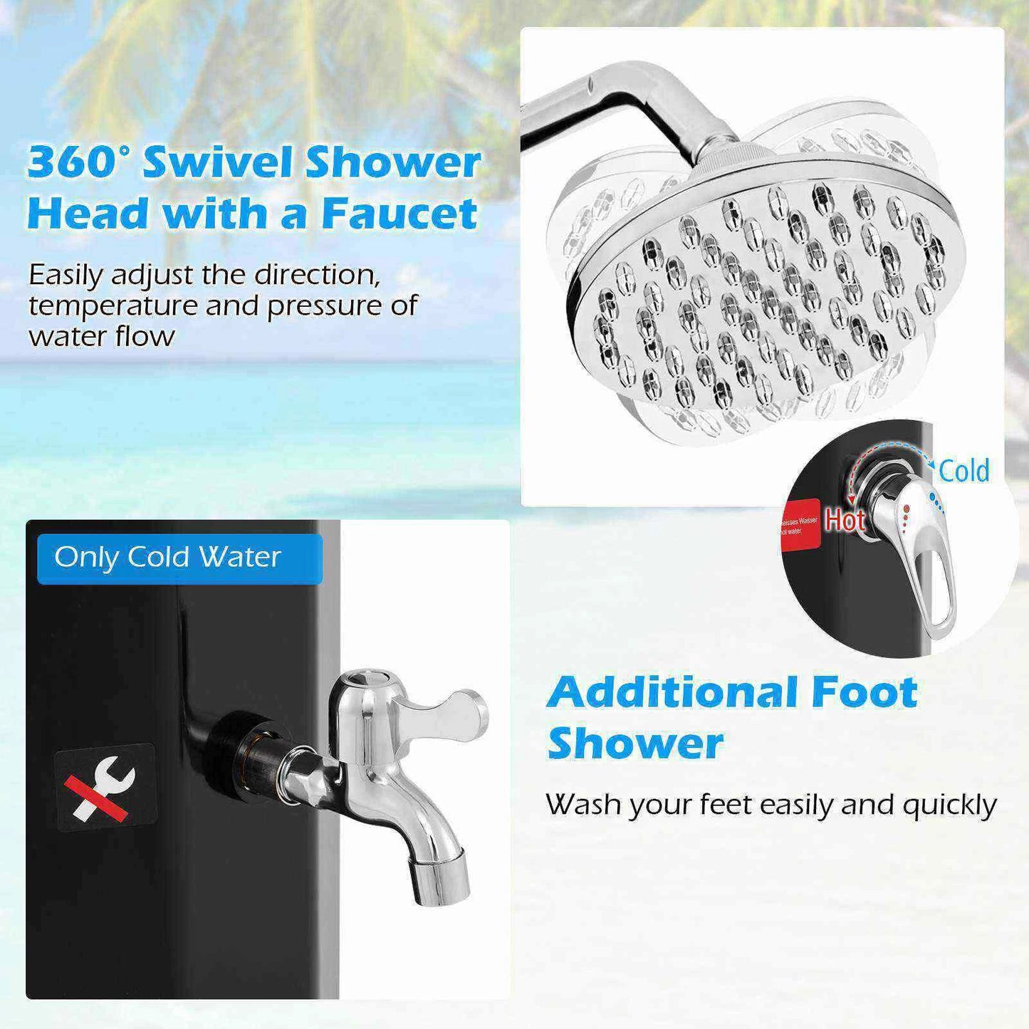 60 L Solar Heated Outdoor Shower with Shower Head & Foot Shower Tap