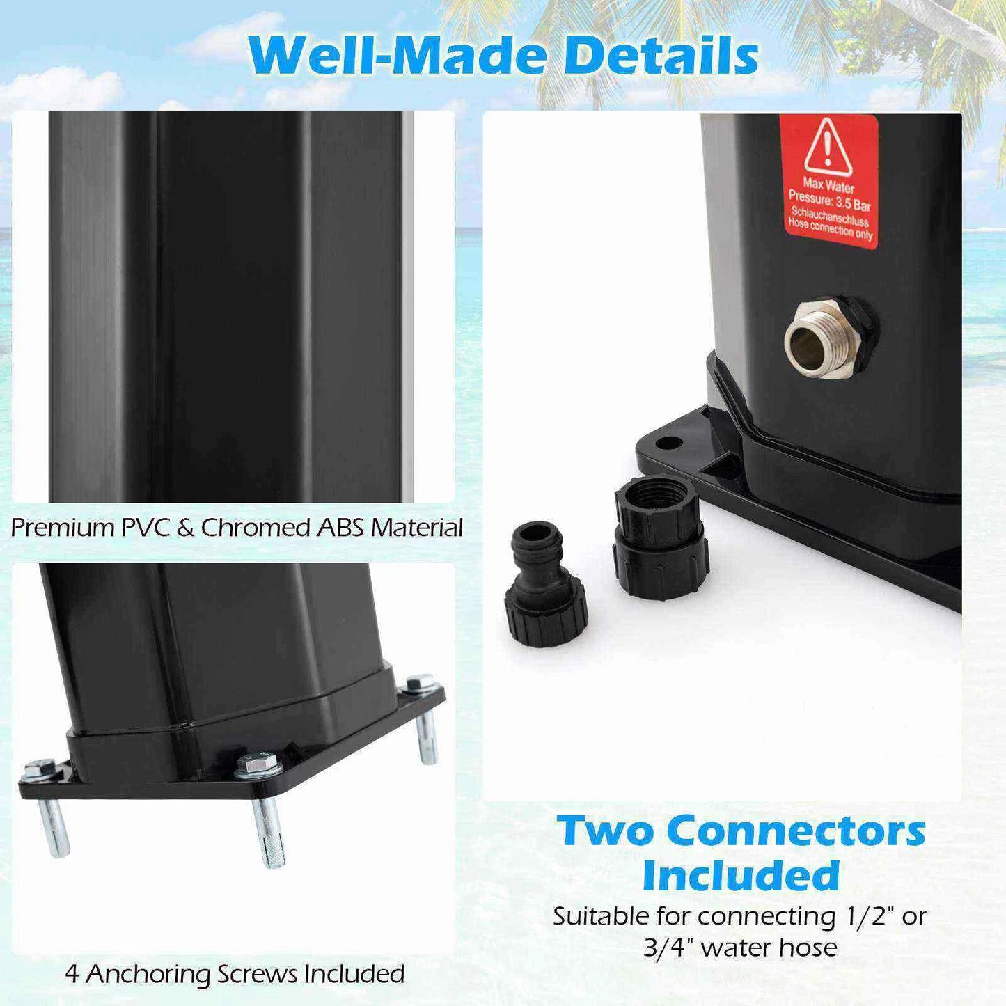 60 L Solar Heated Outdoor Shower with Shower Head & Foot Shower Tap