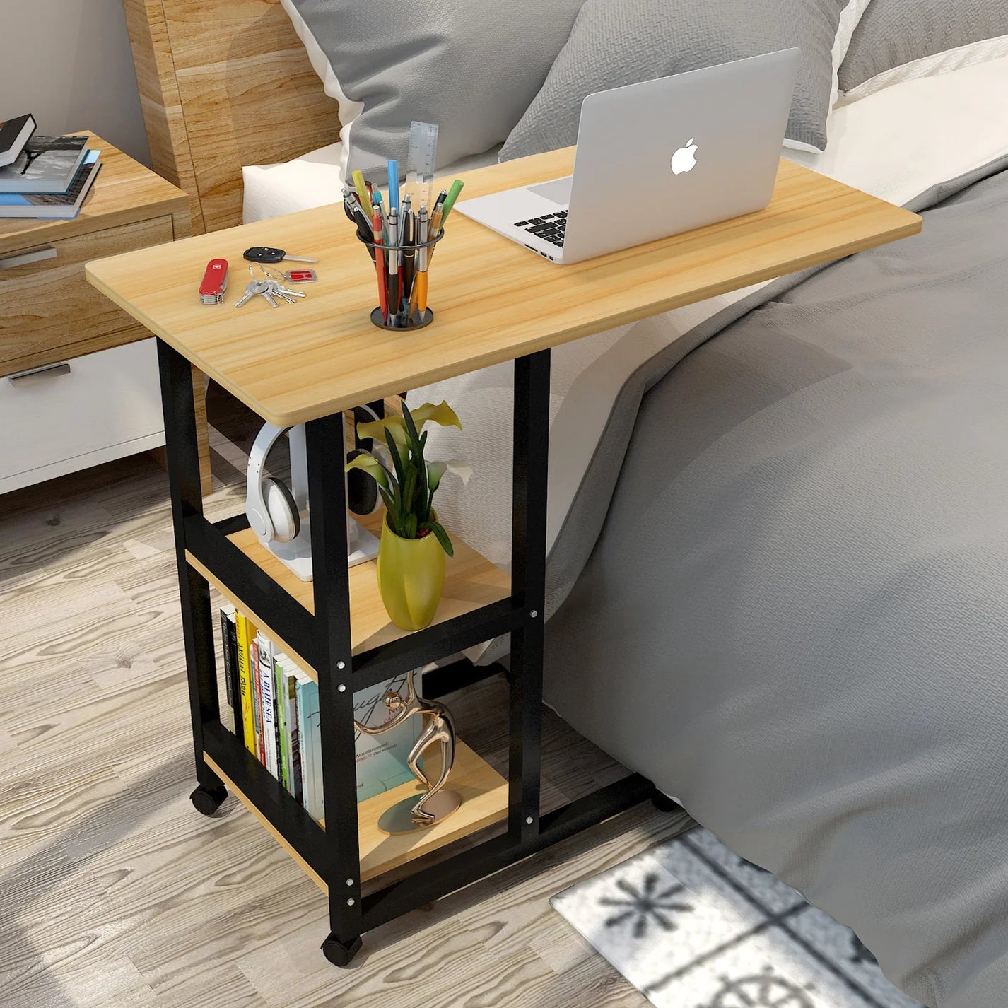 Valedicta Side Table/Laptop Desk w/Shelves & Wheels. 80x40x75cm